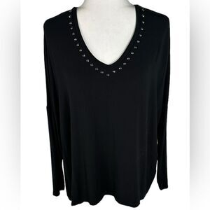 NOTSHY Cashmere Black V Neck Studded Dolman Sleeve Casual Long Sleeve Top